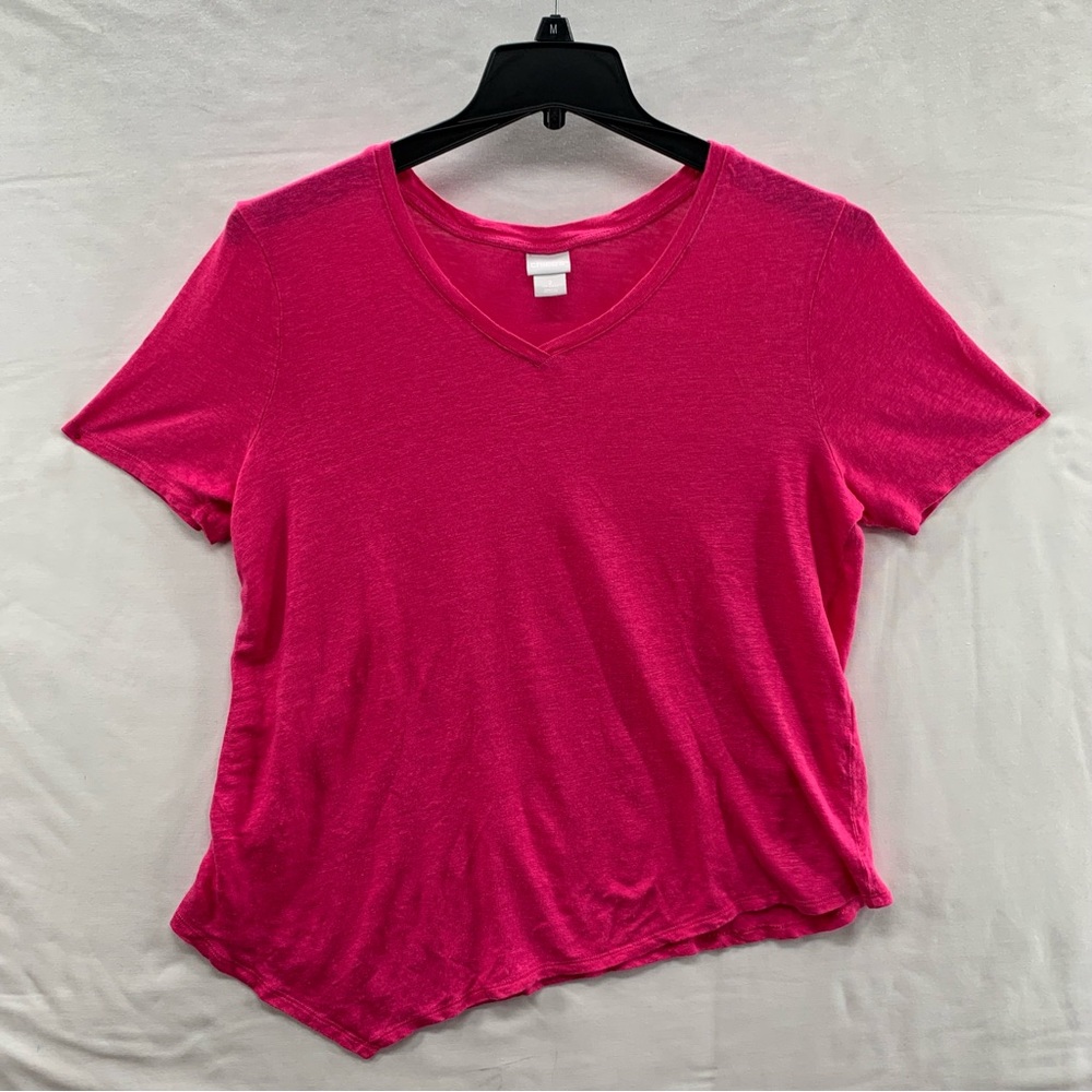 Chico’s Women Pink Asymmetric Hem V-Neck Short Sleeves Top Blouse Size 2 Large